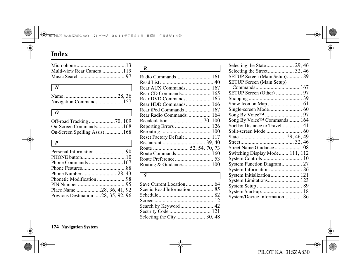 Index | HONDA 2012 Pilot Navigation User Manual | Page 175 / 179