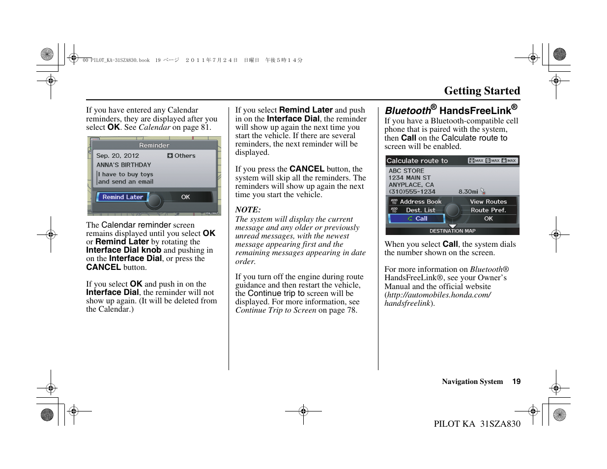 Getting started | HONDA 2012 Pilot Navigation User Manual | Page 20 / 179