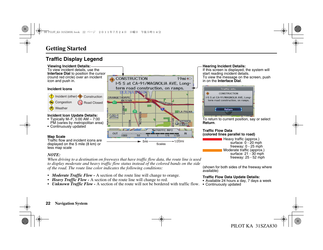 Getting started, Traffic display legend | HONDA 2012 Pilot Navigation User Manual | Page 23 / 179