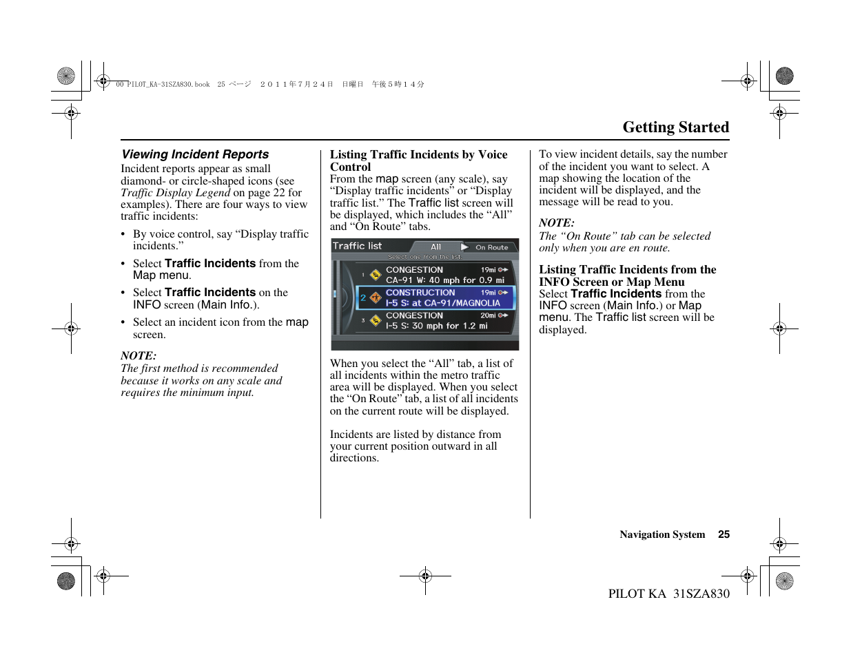 Getting started | HONDA 2012 Pilot Navigation User Manual | Page 26 / 179