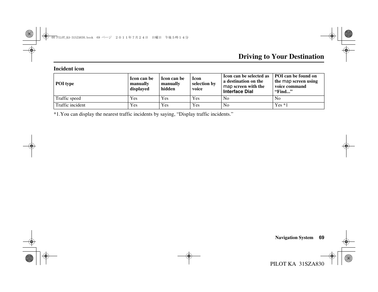 Driving to your destination | HONDA 2012 Pilot Navigation User Manual | Page 70 / 179