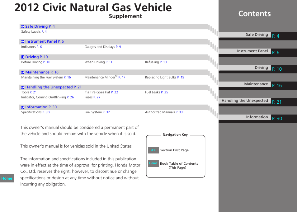 HONDA 2012 Civic Natural Gas User Manual | 33 pages