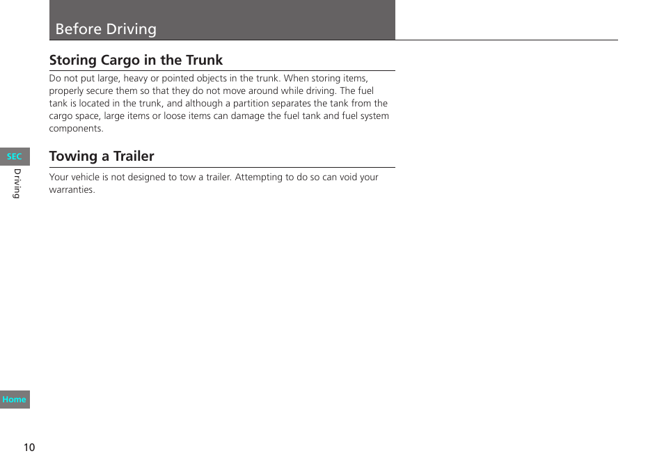 Driving, Before driving, Storing cargo in the trunk | Towing a trailer, P. 10, Driving p. 10 | HONDA 2012 Civic Natural Gas User Manual | Page 10 / 33