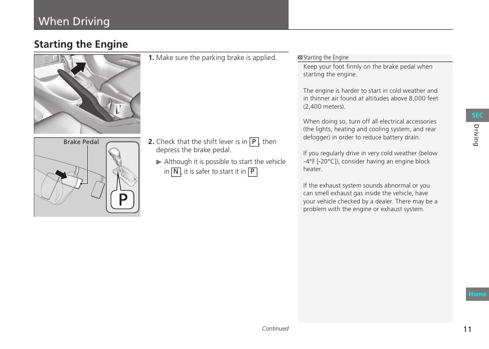 When driving, Starting the engine, P. 11 | HONDA 2012 Civic Natural Gas User Manual | Page 11 / 33