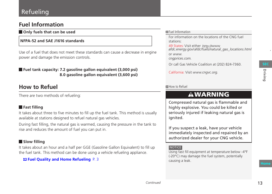 Refueling, Fuel information, How to refuel | P. 13, Warning | HONDA 2012 Civic Natural Gas User Manual | Page 13 / 33