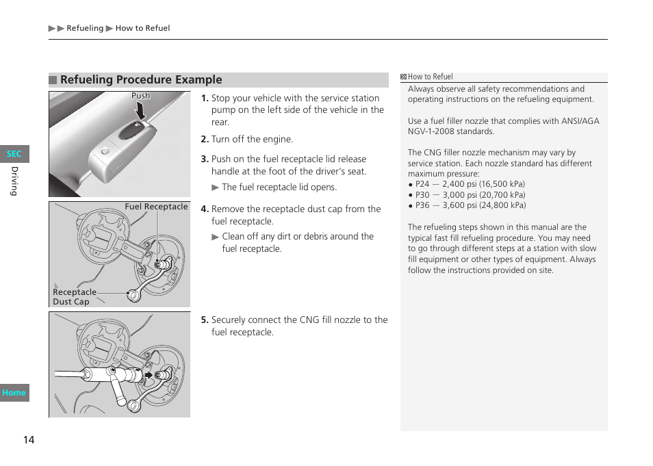 Refueling procedure example | HONDA 2012 Civic Natural Gas User Manual | Page 14 / 33