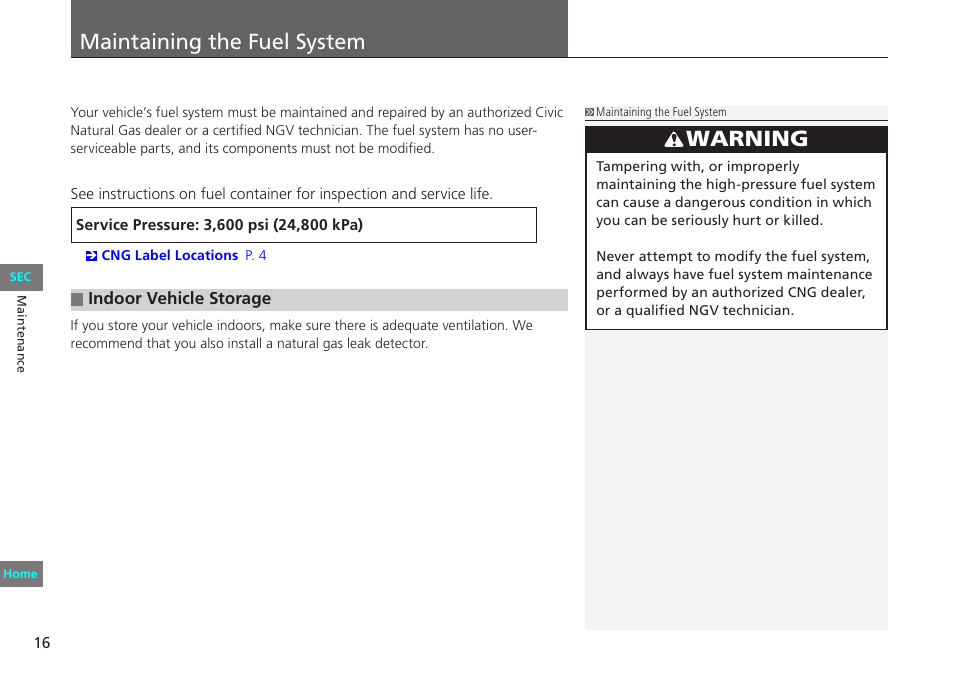 Maintenance, Maintaining the fuel system, P. 16 | Maintenance p. 16, Warning | HONDA 2012 Civic Natural Gas User Manual | Page 16 / 33