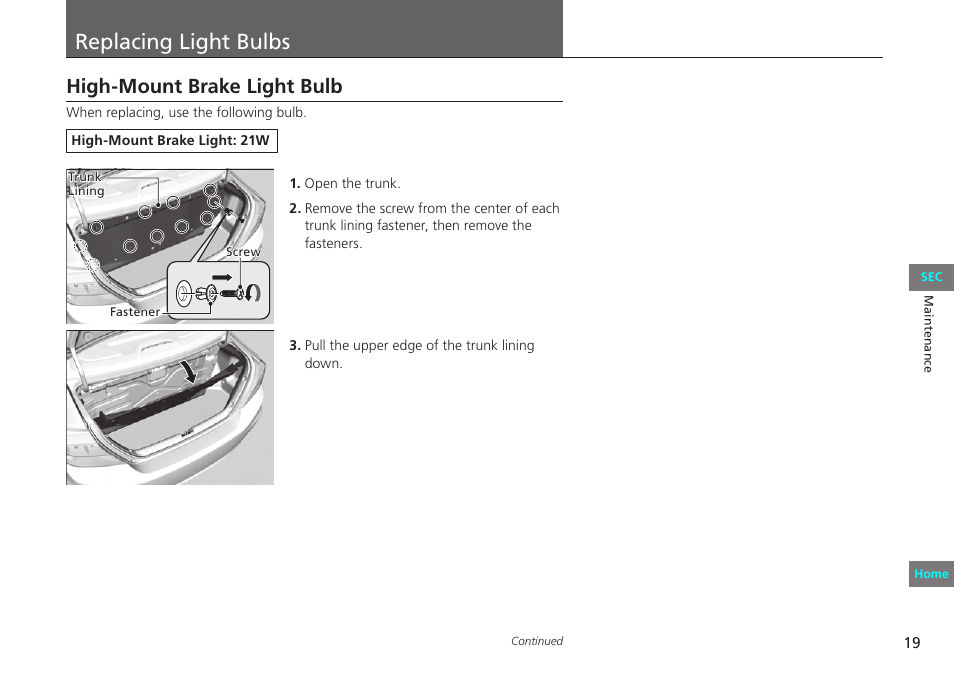 Replacing light bulbs, High-mount brake light bulb, P. 19 | HONDA 2012 Civic Natural Gas User Manual | Page 19 / 33