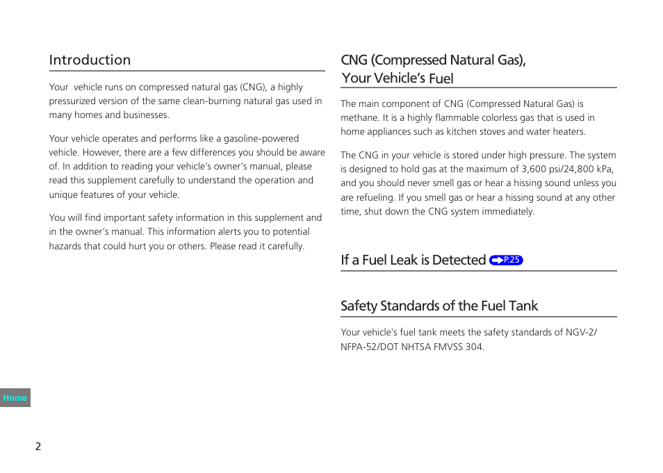 Introduction, Your vehicle’sfuel, Safety standards of the fuel tank | Cng (compressed natural gas), your vehicle’s fuel, If a fuel leak is detected | HONDA 2012 Civic Natural Gas User Manual | Page 2 / 33