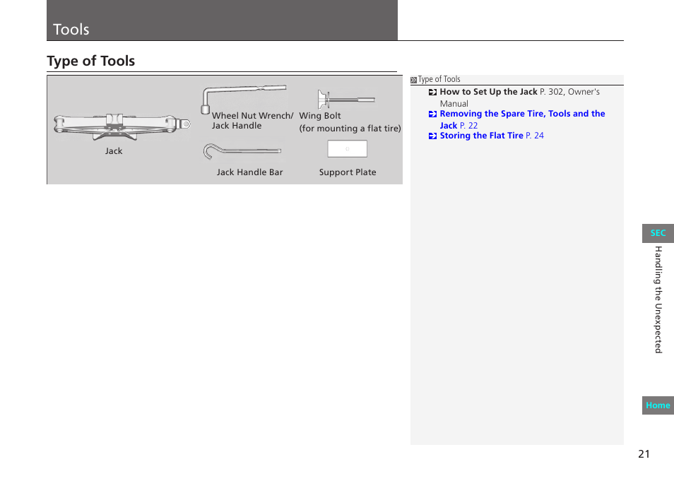 Handling the unexpected, Tools, Type of tools | P. 21, Handling the unexpected p. 21 | HONDA 2012 Civic Natural Gas User Manual | Page 21 / 33