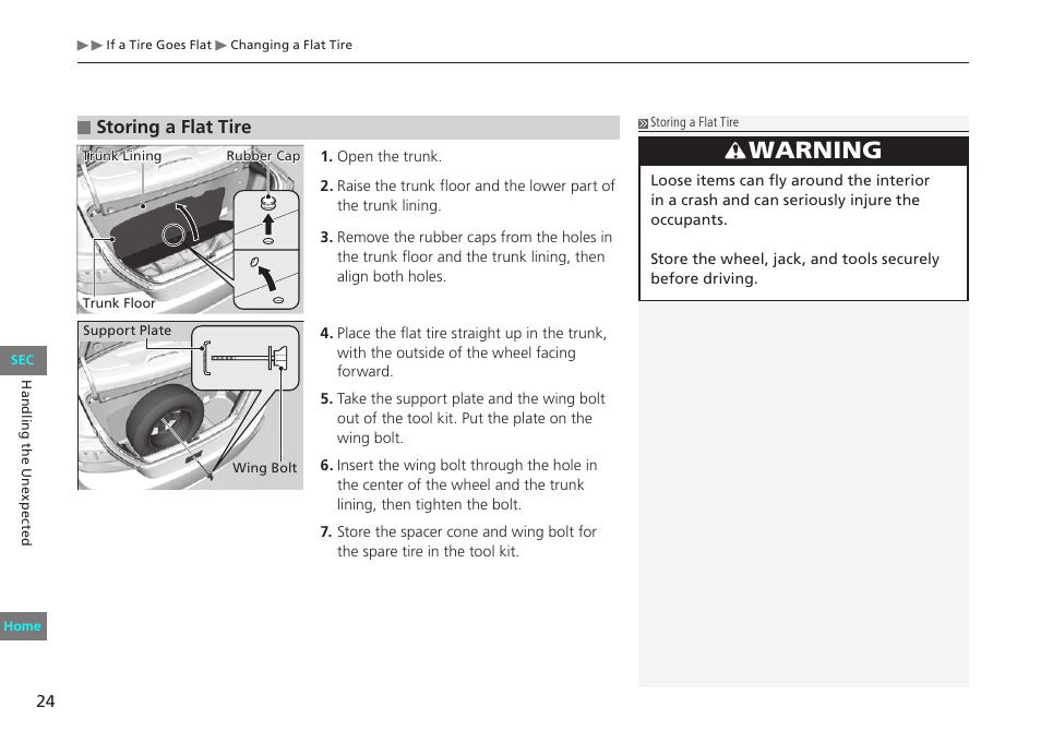 Storing the flat tire, P. 24, Warning | Storing a flat tire | HONDA 2012 Civic Natural Gas User Manual | Page 24 / 33