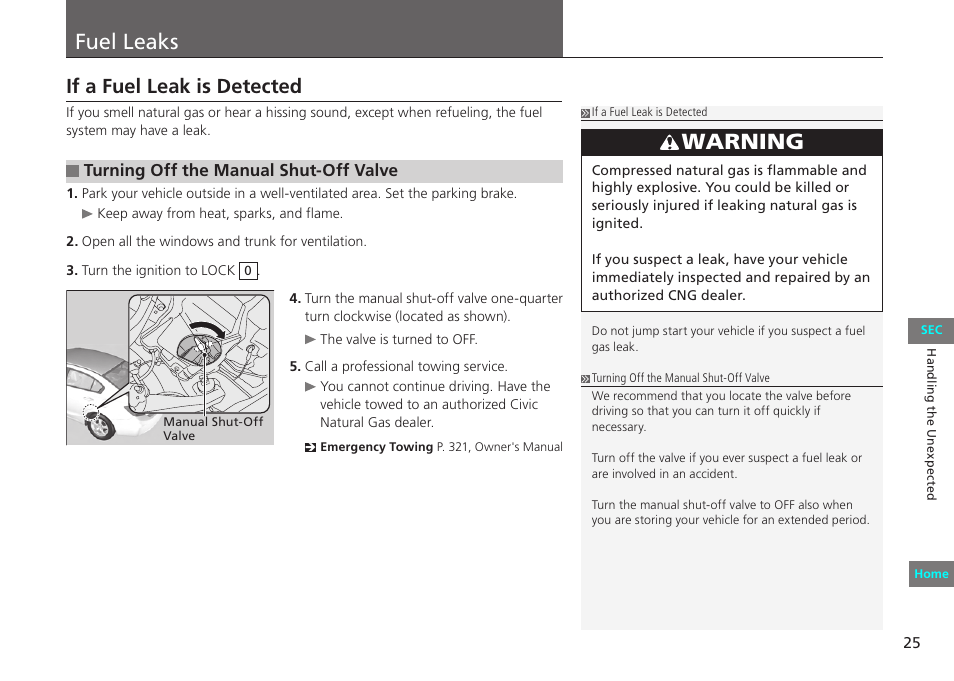 Fuel leaks, If a fuel leak is detected, P. 25 | Warning, Turning off the manual shut-off valve | HONDA 2012 Civic Natural Gas User Manual | Page 25 / 33