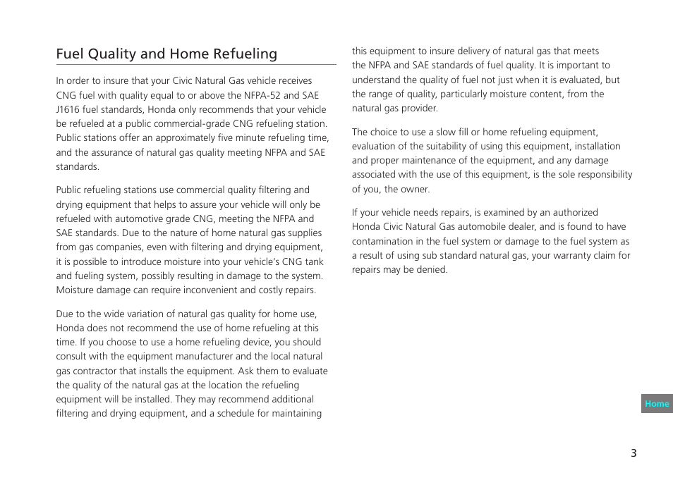 Fuel quality and home refueling | HONDA 2012 Civic Natural Gas User Manual | Page 3 / 33