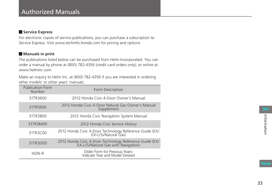 Authorized manuals, P. 33 | HONDA 2012 Civic Natural Gas User Manual | Page 33 / 33