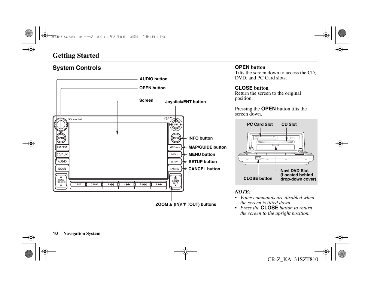 Getting started, System controls | HONDA 2012 CR-Z Navigation User Manual | Page 11 / 155