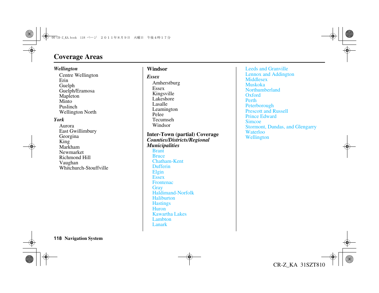 Coverage areas | HONDA 2012 CR-Z Navigation User Manual | Page 119 / 155