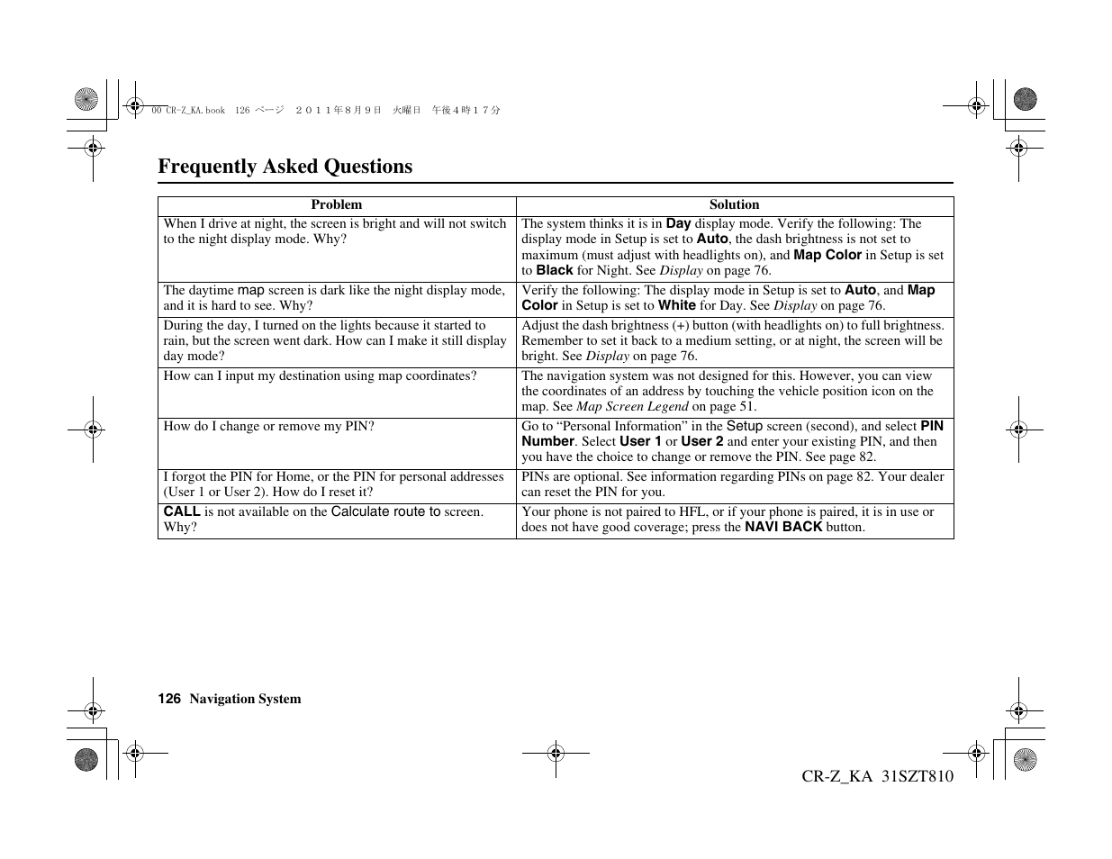 Frequently asked questions | HONDA 2012 CR-Z Navigation User Manual | Page 127 / 155
