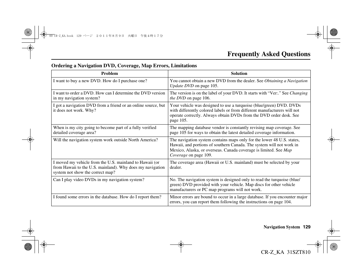 Frequently asked questions | HONDA 2012 CR-Z Navigation User Manual | Page 130 / 155