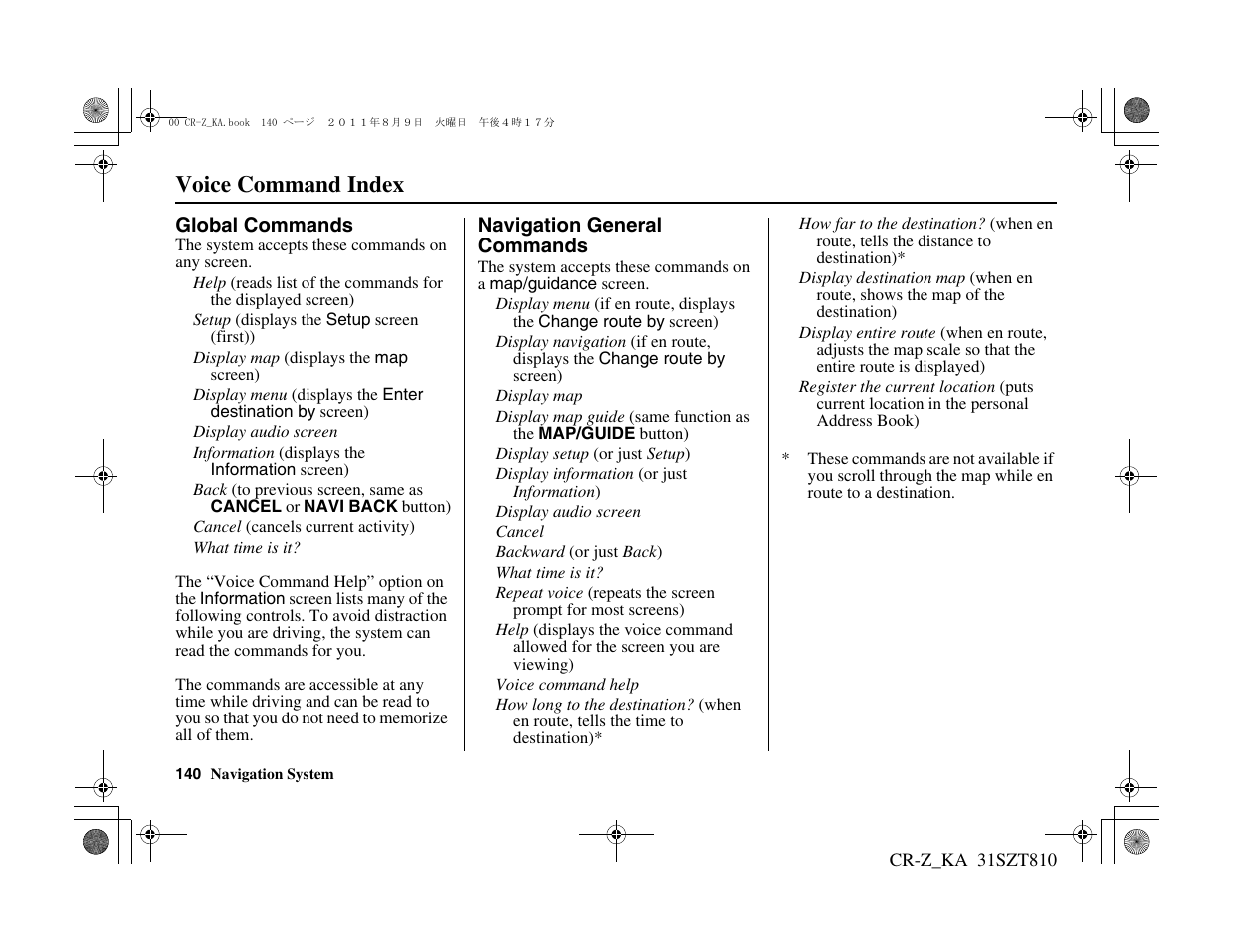 Voice command index | HONDA 2012 CR-Z Navigation User Manual | Page 141 / 155