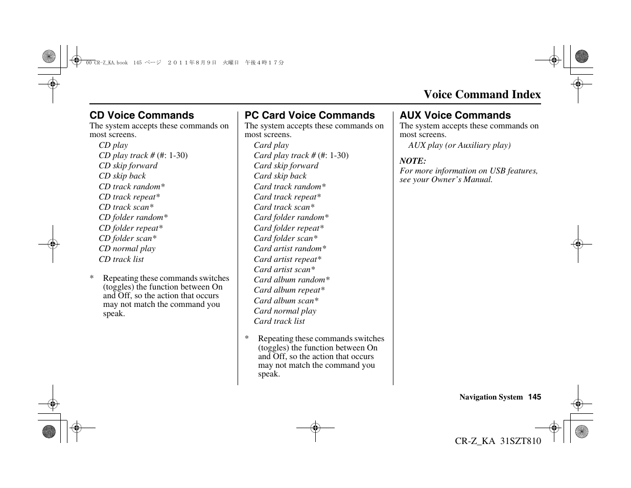 Voice command index | HONDA 2012 CR-Z Navigation User Manual | Page 146 / 155