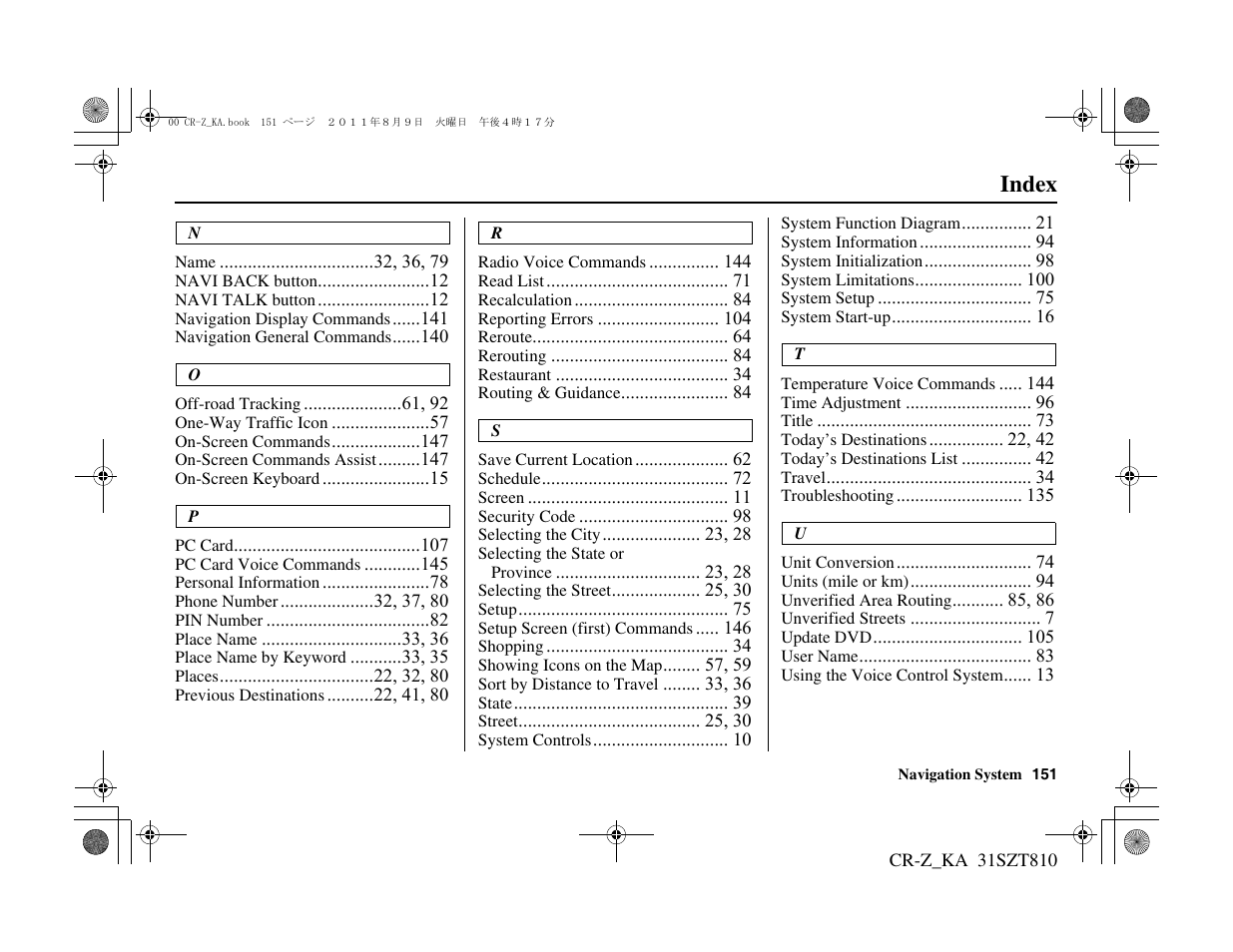 Index | HONDA 2012 CR-Z Navigation User Manual | Page 152 / 155
