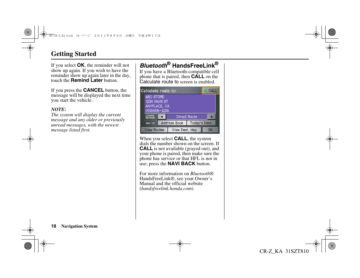 Getting started | HONDA 2012 CR-Z Navigation User Manual | Page 19 / 155