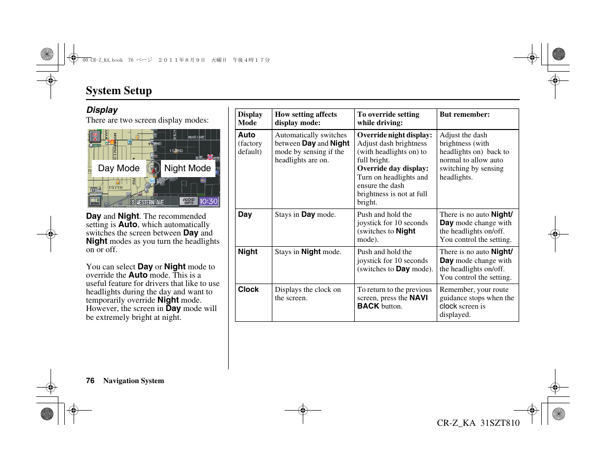 System setup | HONDA 2012 CR-Z Navigation User Manual | Page 77 / 155