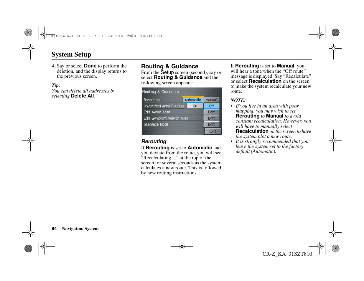 System setup | HONDA 2012 CR-Z Navigation User Manual | Page 85 / 155