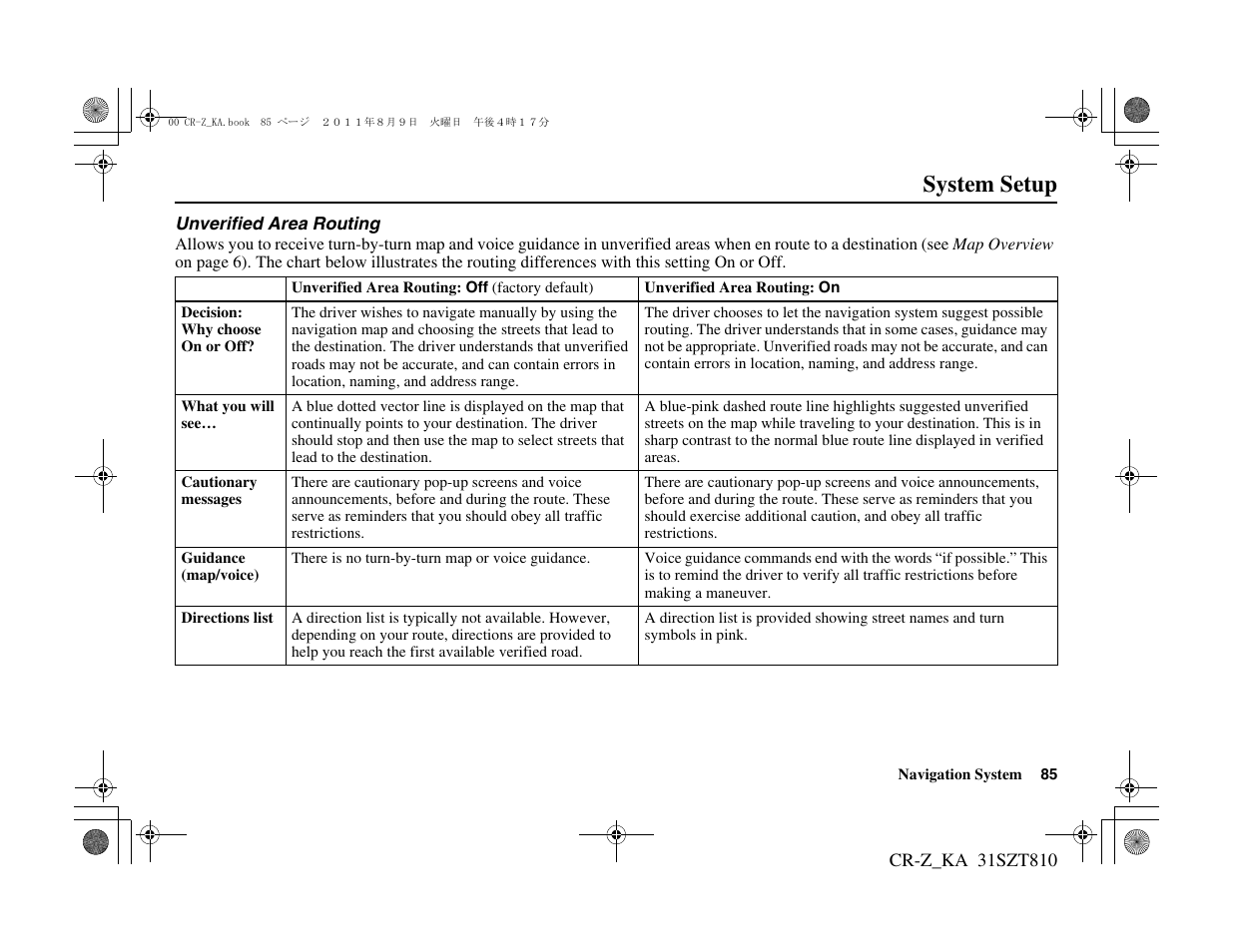 System setup | HONDA 2012 CR-Z Navigation User Manual | Page 86 / 155