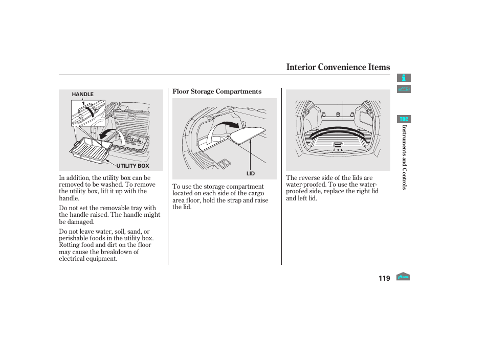 Floor storage compartments, Interior convenience items, 2012 crosstour | HONDA 2012 Accord Crosstour User Manual | Page 123 / 435