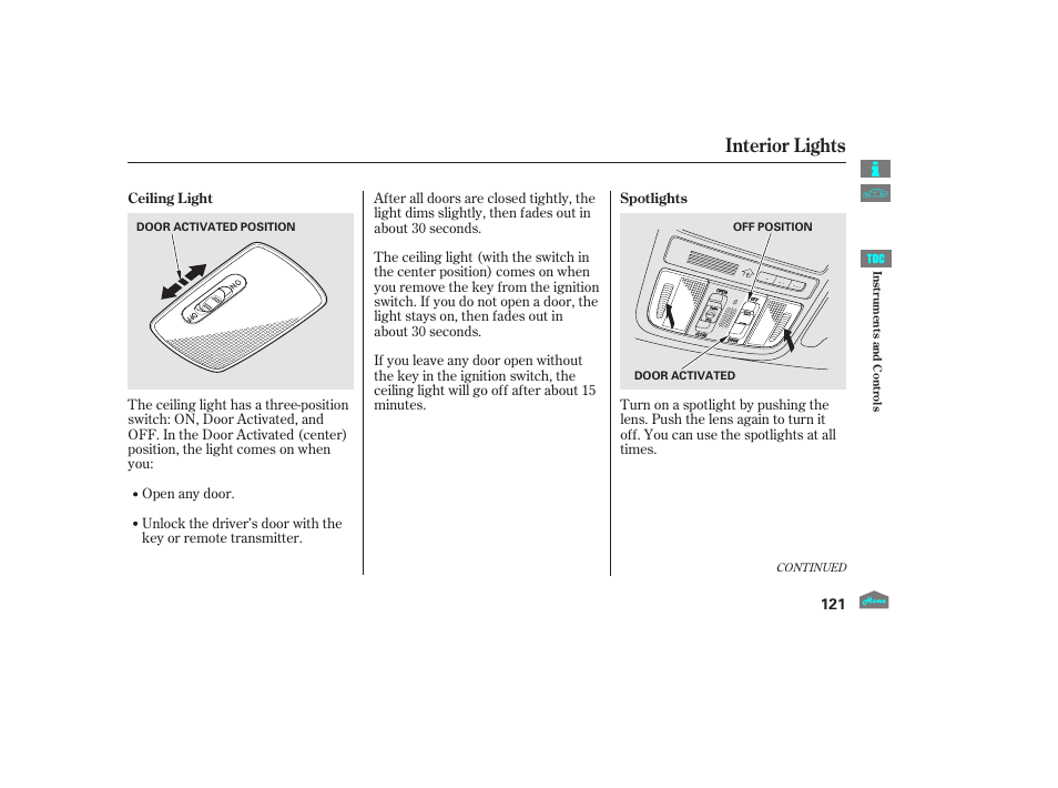 Interior lights, 2012 crosstour | HONDA 2012 Accord Crosstour User Manual | Page 125 / 435