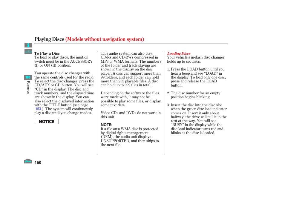 Playing discs (models without navigation system) | HONDA 2012 Accord Crosstour User Manual | Page 154 / 435