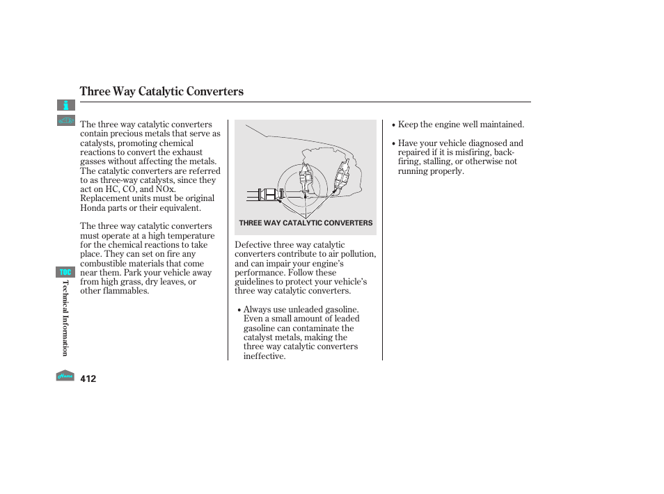 Threeway catalytic converters, Three way catalytic converters | HONDA 2012 Accord Crosstour User Manual | Page 416 / 435