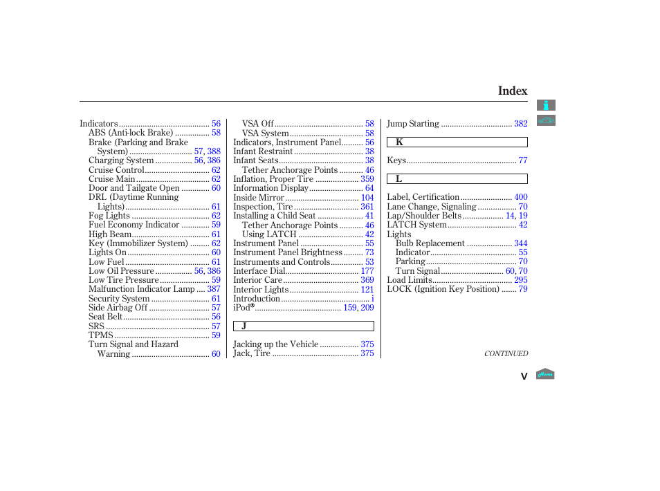 Index | HONDA 2012 Accord Crosstour User Manual | Page 428 / 435