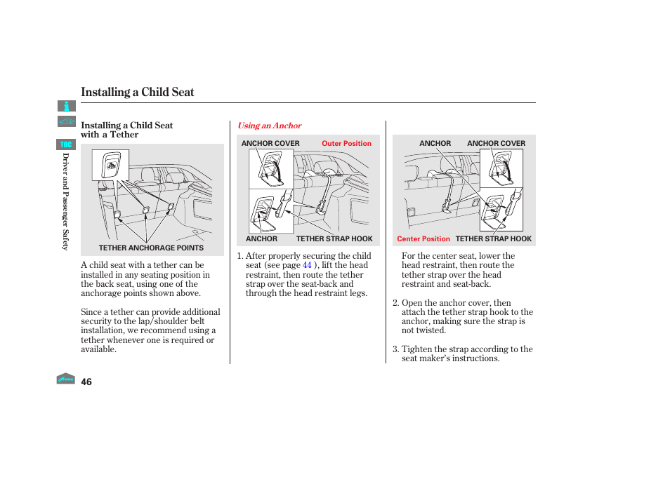 Installing a child seat, 2012 crosstour | HONDA 2012 Accord Crosstour User Manual | Page 50 / 435