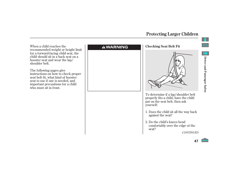 Protecting larger children, 2012 crosstour | HONDA 2012 Accord Crosstour User Manual | Page 51 / 435