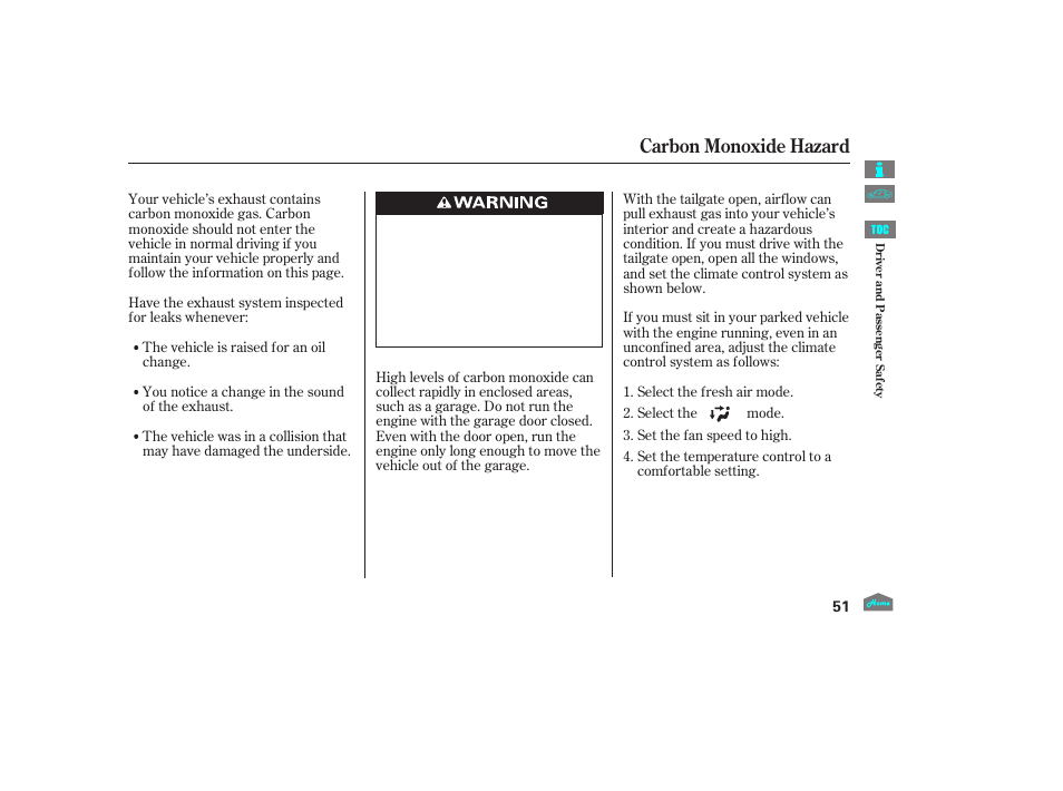 Carbon monoxide hazard | HONDA 2012 Accord Crosstour User Manual | Page 55 / 435