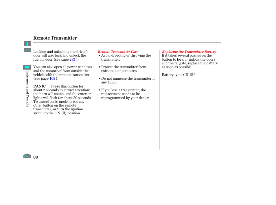 Remote transmitter, 2012 crosstour | HONDA 2012 Accord Crosstour User Manual | Page 92 / 435