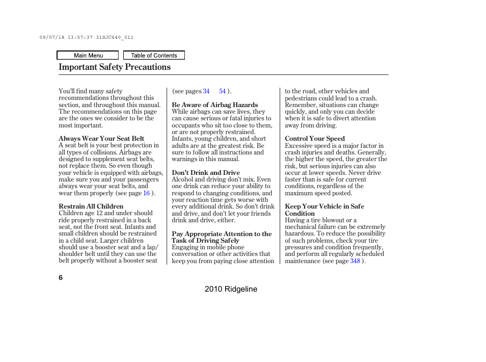 Important safety precautions | HONDA 2010 Ridgeline User Manual | Page 10 / 423