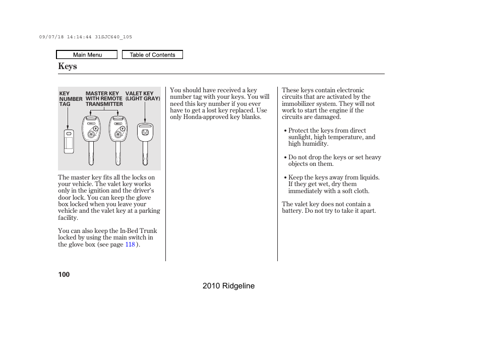 Keys | HONDA 2010 Ridgeline User Manual | Page 104 / 423