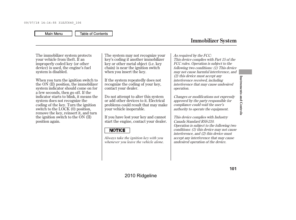 Immobilizer system, 2010 ridgeline | HONDA 2010 Ridgeline User Manual | Page 105 / 423