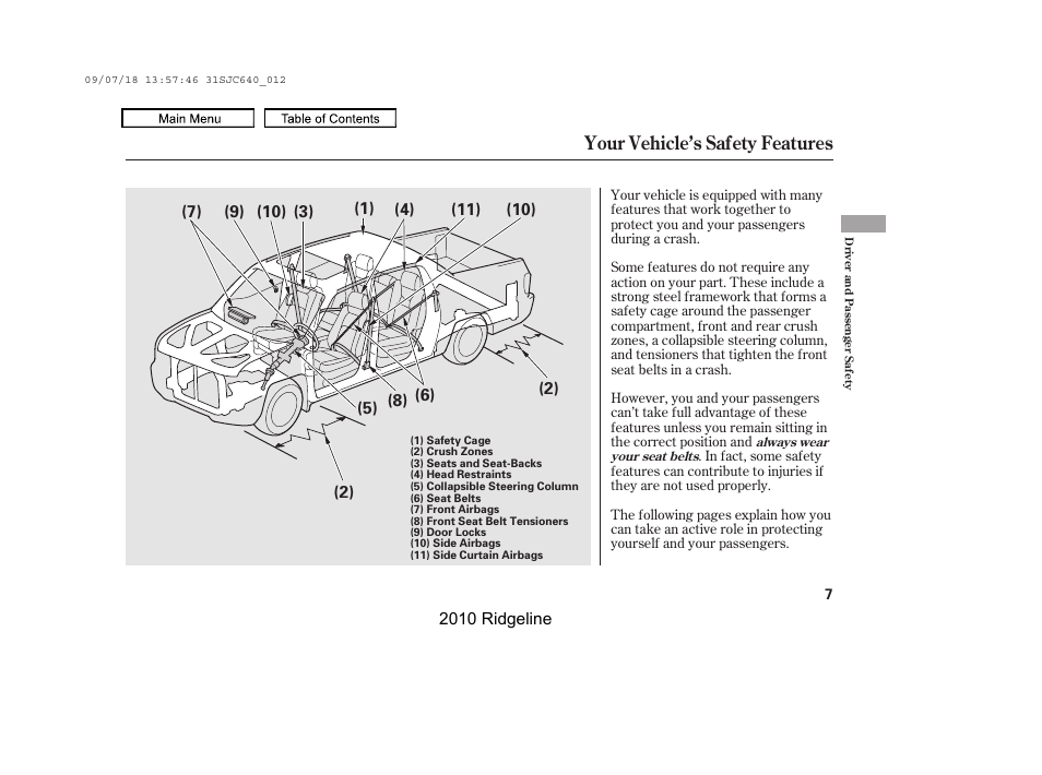 Your vehicle’s safety features | HONDA 2010 Ridgeline User Manual | Page 11 / 423