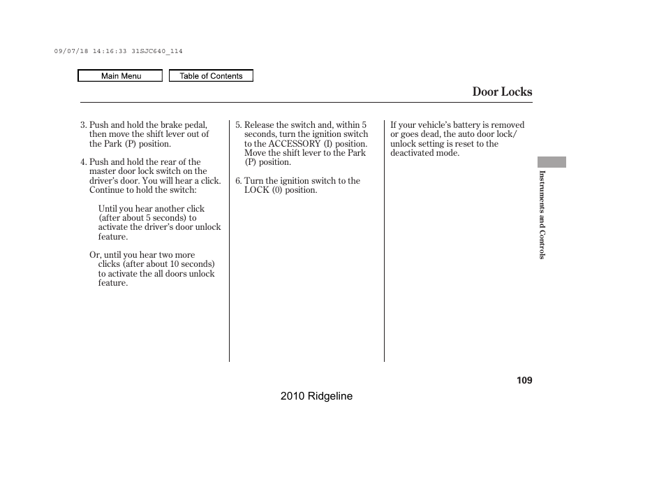 Door locks, 2010 ridgeline | HONDA 2010 Ridgeline User Manual | Page 113 / 423