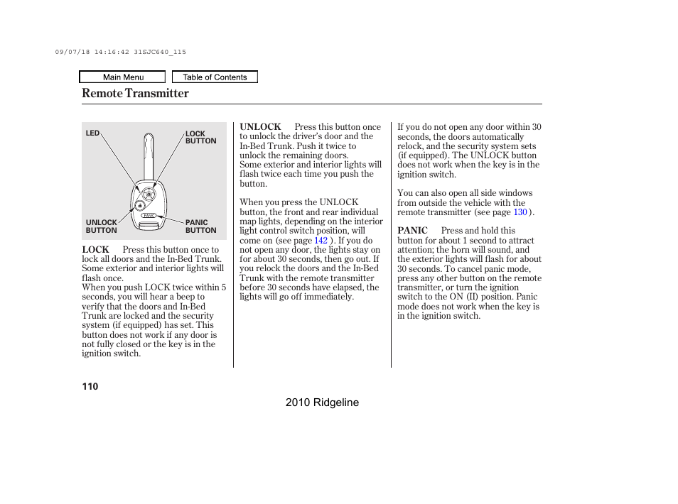 Remote transmitter | HONDA 2010 Ridgeline User Manual | Page 114 / 423