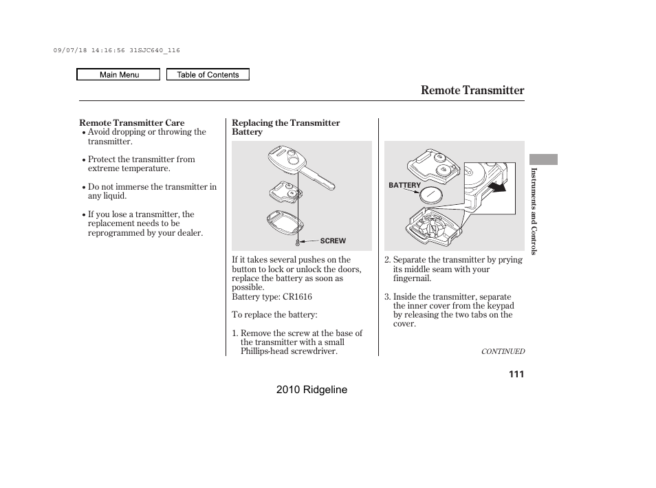 Remote transmitter, 2010 ridgeline | HONDA 2010 Ridgeline User Manual | Page 115 / 423