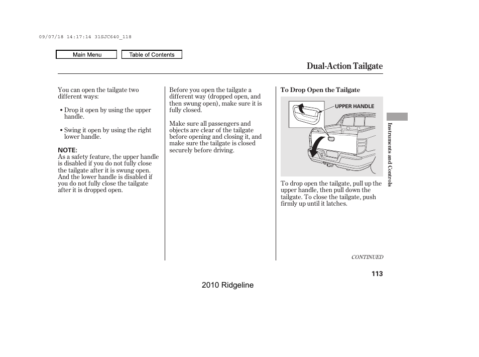 Dual-action tailgate, 2010 ridgeline | HONDA 2010 Ridgeline User Manual | Page 117 / 423