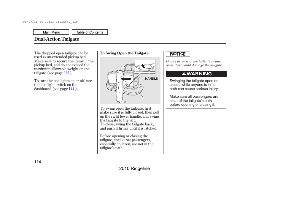 Dual-action tailgate | HONDA 2010 Ridgeline User Manual | Page 118 / 423