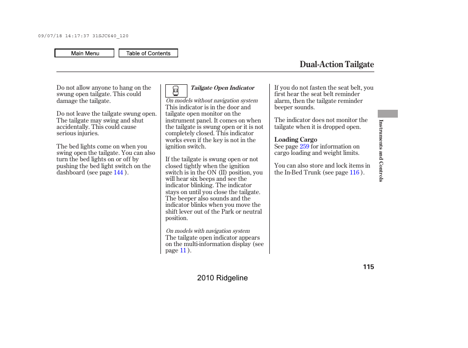 Dual-action tailgate | HONDA 2010 Ridgeline User Manual | Page 119 / 423