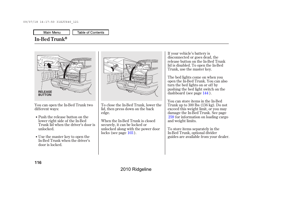 In-bed trunk | HONDA 2010 Ridgeline User Manual | Page 120 / 423