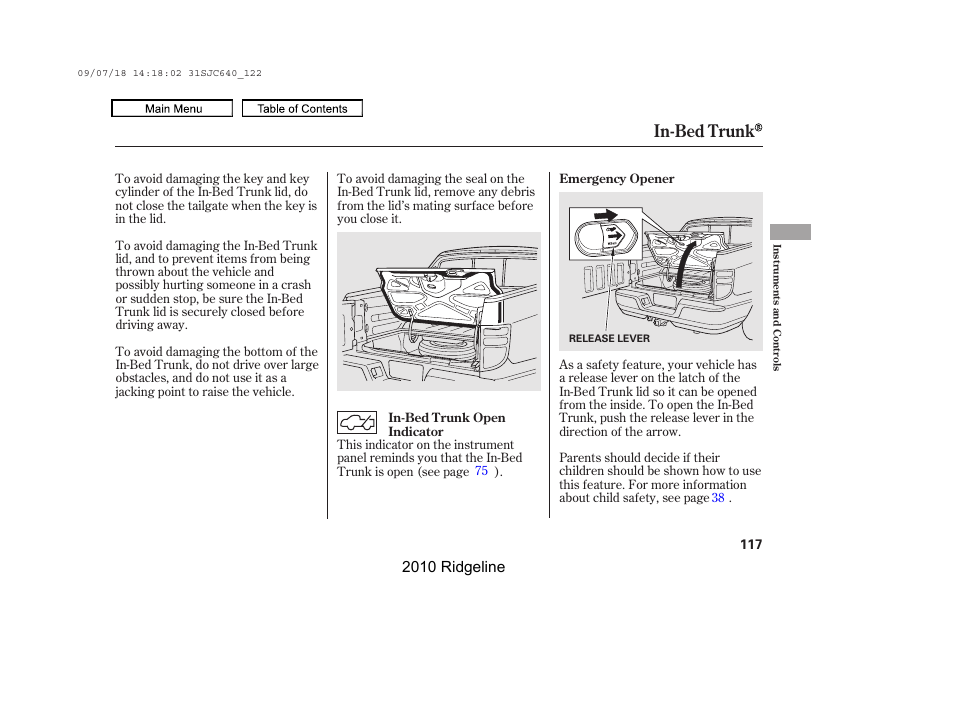 In-bed trunk, 2010 ridgeline | HONDA 2010 Ridgeline User Manual | Page 121 / 423